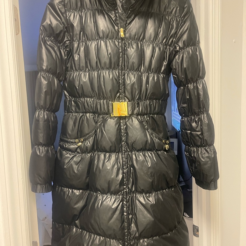 Guess Black Long Puffer Coat with Quilted Design and Bright Yellow Belt